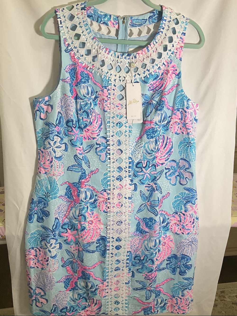 Lilly Pulitzer Light Blue Shift Dress with Pink and Navy Floral Seashell Print